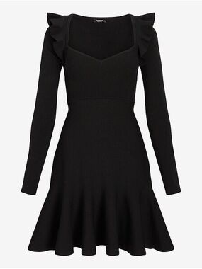 NWT Express Black Ruffle Shoulder Knit Dress Long Sleeve Fit & Flare Size S